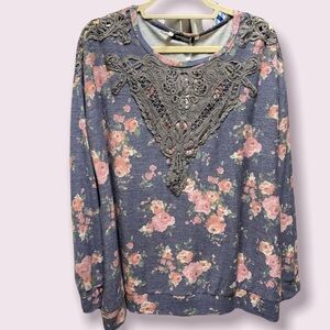 Angela Plus blouse pullover lace cut outs floral print 3/4” sleeve size XXL NWT